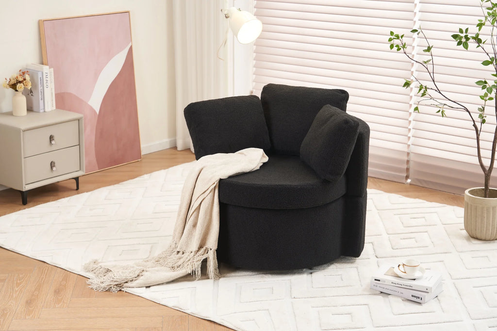 Swivel Barrel Chair, Teddy Round Swivel Accent Sofa Chairs with 3 Pillows and Storage, Modern 360 Degree Boucle Swivel Chairs for Living Room, Bedroom, Office (Dark Gray, Teddy)