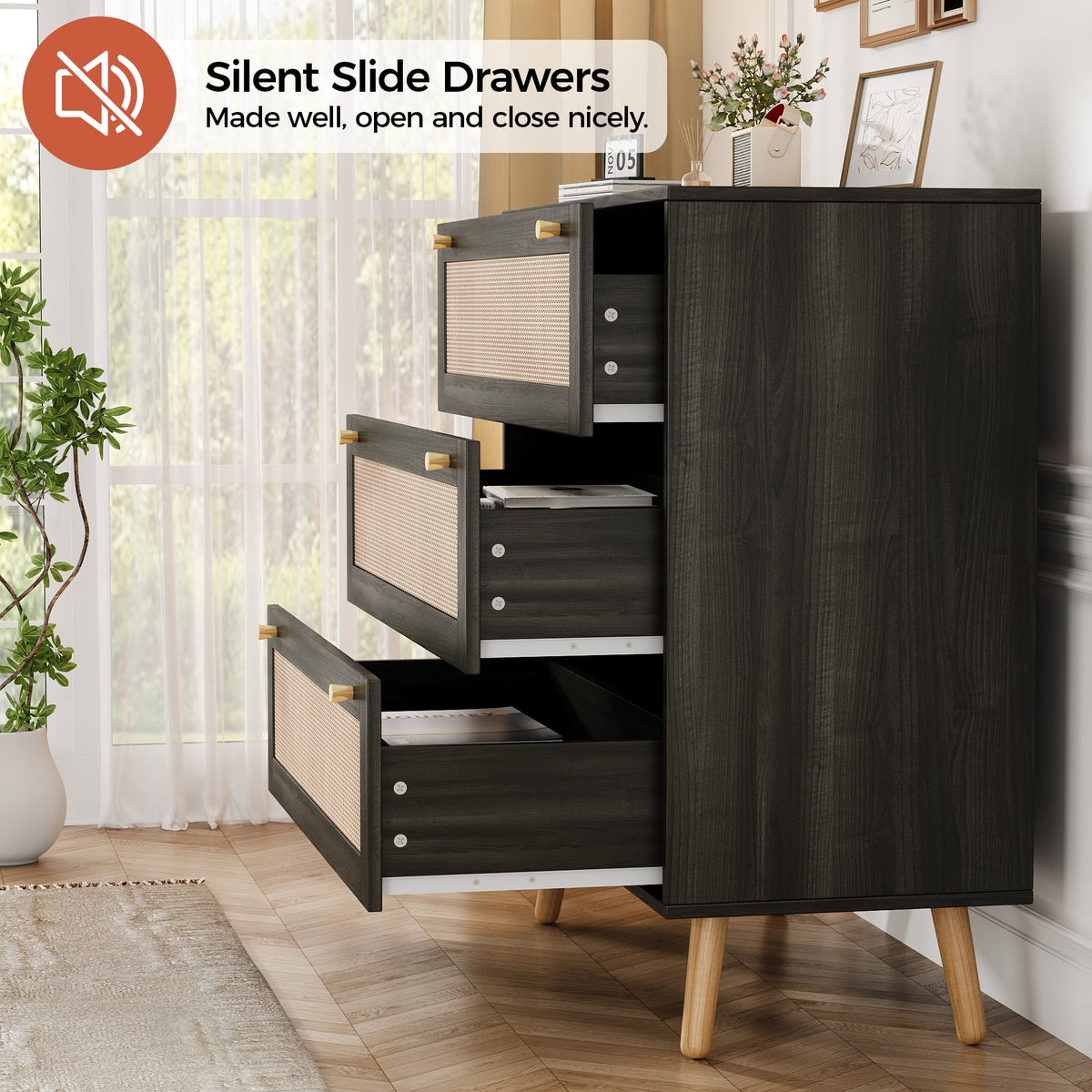 Farmhouse Rattan Dresser with 3 Drawers - Wooden Storage Chest for Bedroom, Living Room & Hallway, Vintage Style Organizer