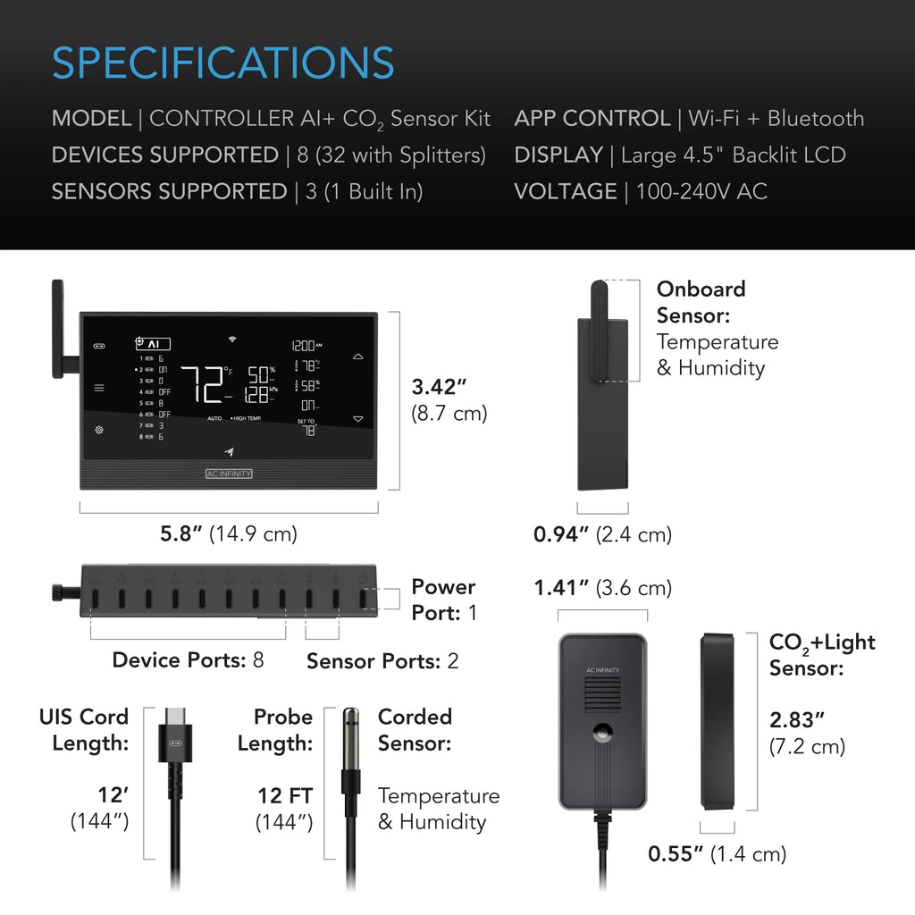 AC Infinity Controller AI+ with CO2 Sensor Bundle AI-Powered Learning, CO2 Data Tracking for Gardens & Grow Tents, Temp, Humidity, & VPD Monitoring for Dynamic Level Adjusting, Bluetooth & WiFi App