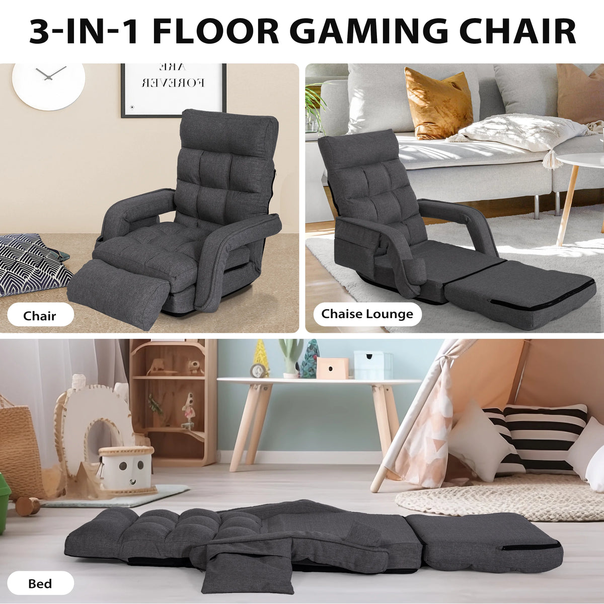 Prime Garden Floor Chair 6-Position Folding Gaming Chair for Meditation Indoor, Light Gray