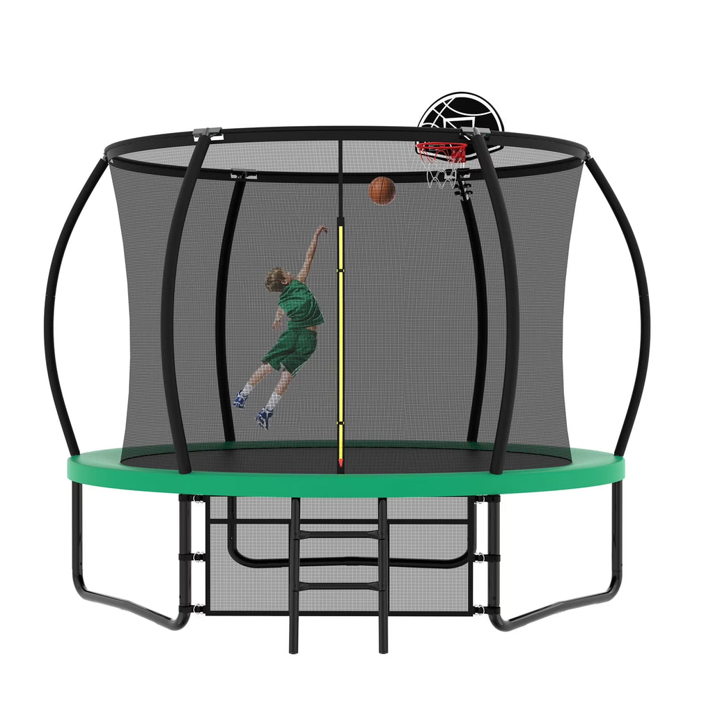 Netrum 10ft Kids Trampoline with Basketball Hoop, Outdoor Trampolines with Enclosure Net,Ladder, 880Lbs Trampoline for 4 Kids Green