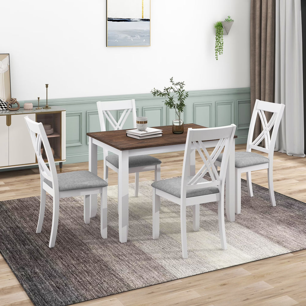 Seizeen Solid Wood Kitchen Table and Chairs, Dining Room Table Set for 4 with Gray Upholstered Chairs, Wood Grain Table Heavy-Duty Frame, Rustic Minimalist Style Breakfast Nook Set