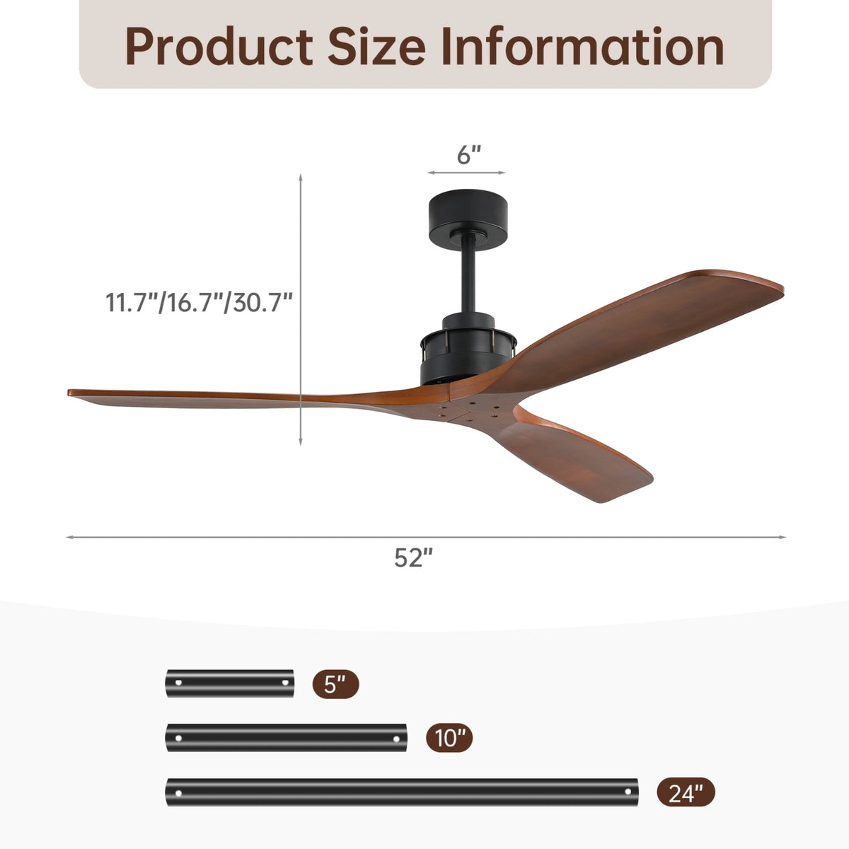 Sofucor Ceiling Fan without Lights, 60 Inch Low Profile Flush Mount Mordern Wood Ceiling Fan with Remote
