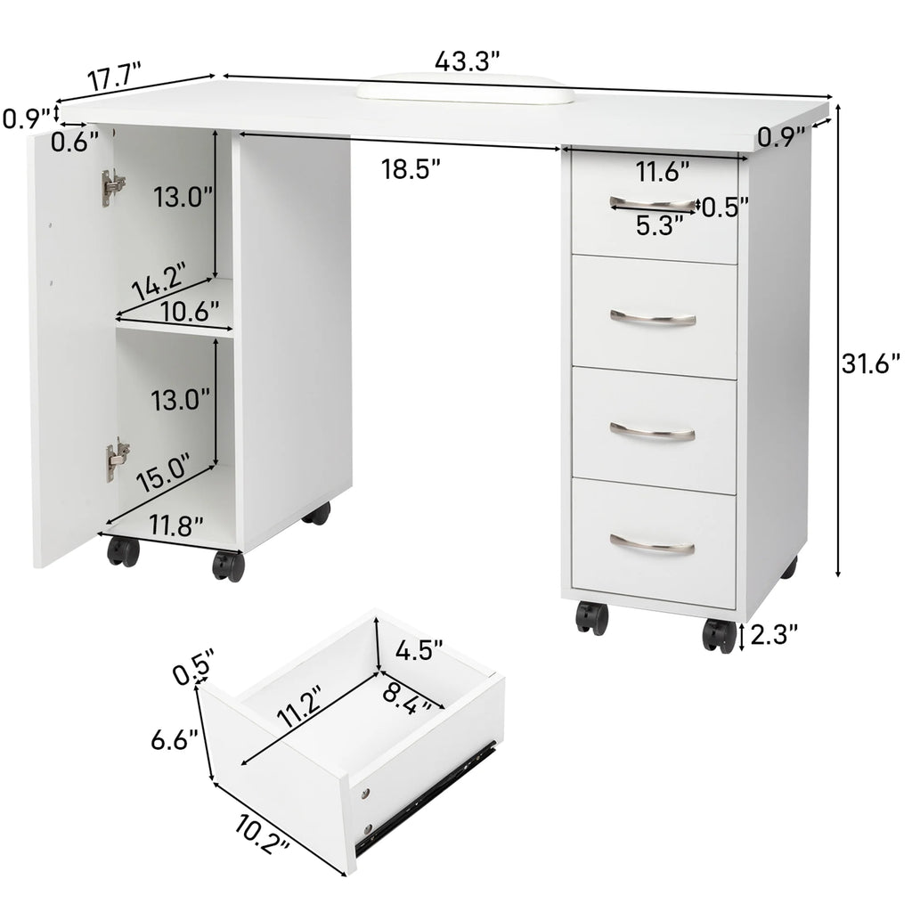 Sesslife White Computer Desk, Writing Desk with Lockable Wheels Modern Wood Study Desk with 4 Drawers for Home Office Workstation