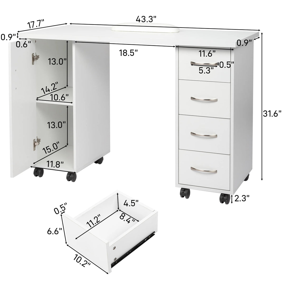 Sesslife White Computer Desk, Writing Desk with Lockable Wheels Modern Wood Study Desk with 4 Drawers for Home Office Workstation