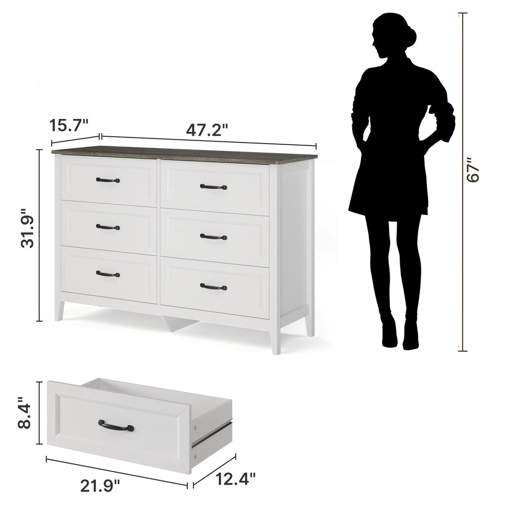White Dresser, Lofka 6 Drawer Dresser for Bedroom, Chests of Drawers for Living Room, White Brown