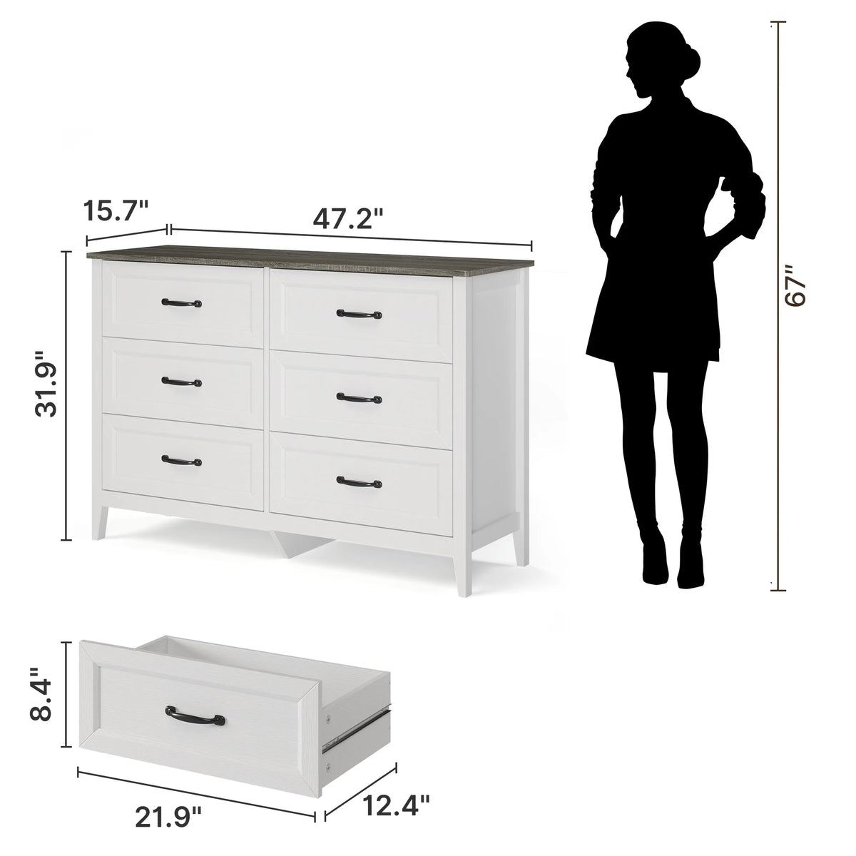 White Dresser, Lofka 6 Drawer Dresser for Bedroom, Chests of Drawers for Living Room, White Brown