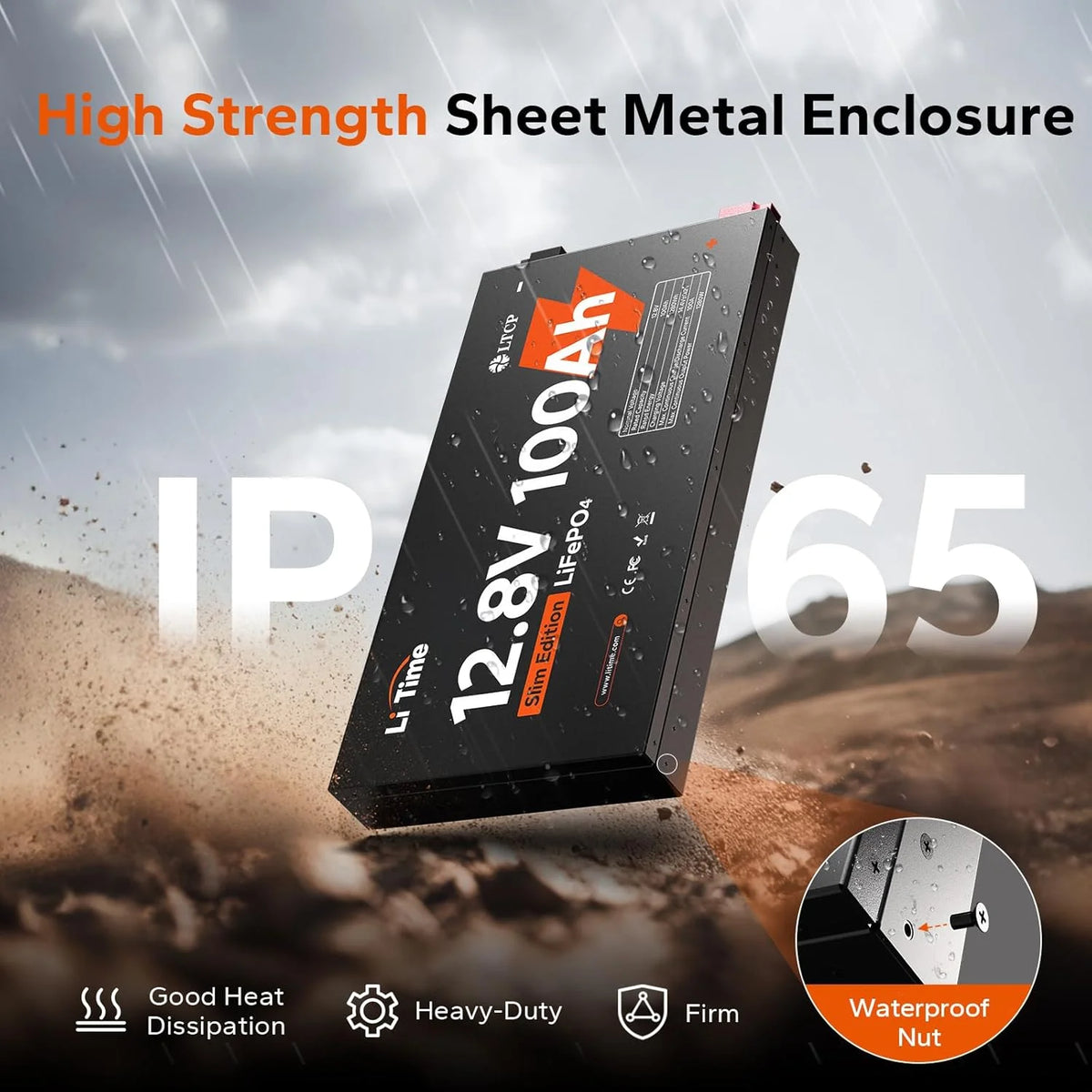 LiTime 12V 100Ah Slim LiFePO4 Battery-2.36" Ultra-Thin Design, Built-in 100A BMS with Low-Temp Protection, Fits into Tight Spaces, Ideal for RV, Solar & Marine Use