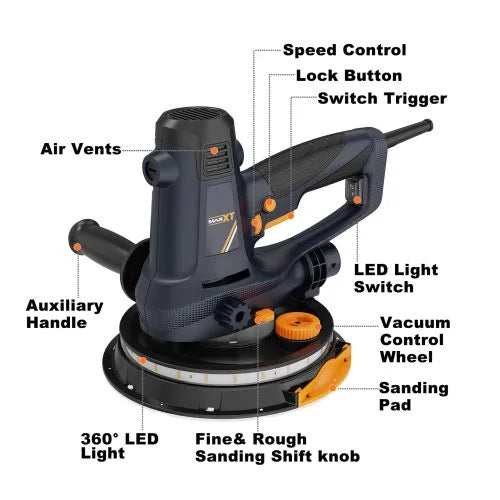 Drywall Sander with Vacuum Dust Collection, 6 Variable Speed Foldable Telescopic Electric Wall Sander, Popcorn Ceiling Removal Tool, 1900RPM Power Sander Tool, LED Light, 18Pcs Sanding Discs