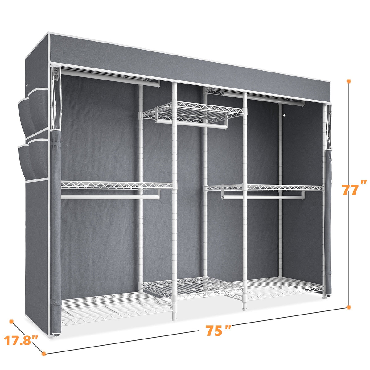 Heavy Duty Clothes Rack with Cover Loads 900LBS, Clothing Racks for Hanging Clothes, Freestanding& Adjustable Closet with Cover, Black, 74.9" Wx17.8 Dx76.9 H