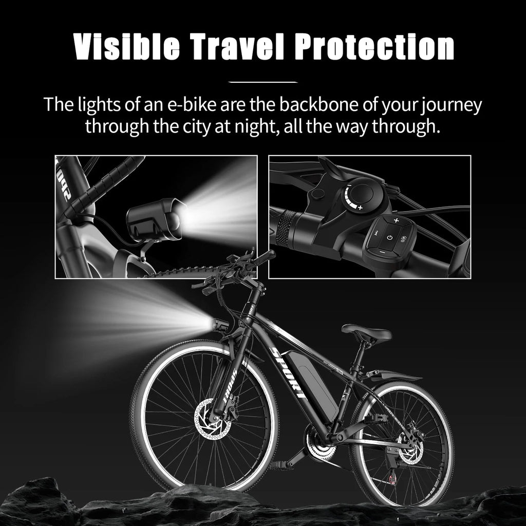 26" Electric Bike for Adults with Peak 750W Brushless Motor, 35Miles 22MPH Commuting Electric Mountain Bike with 36V 10AH Removable Battery, 7-Speed, Front Fork Suspension