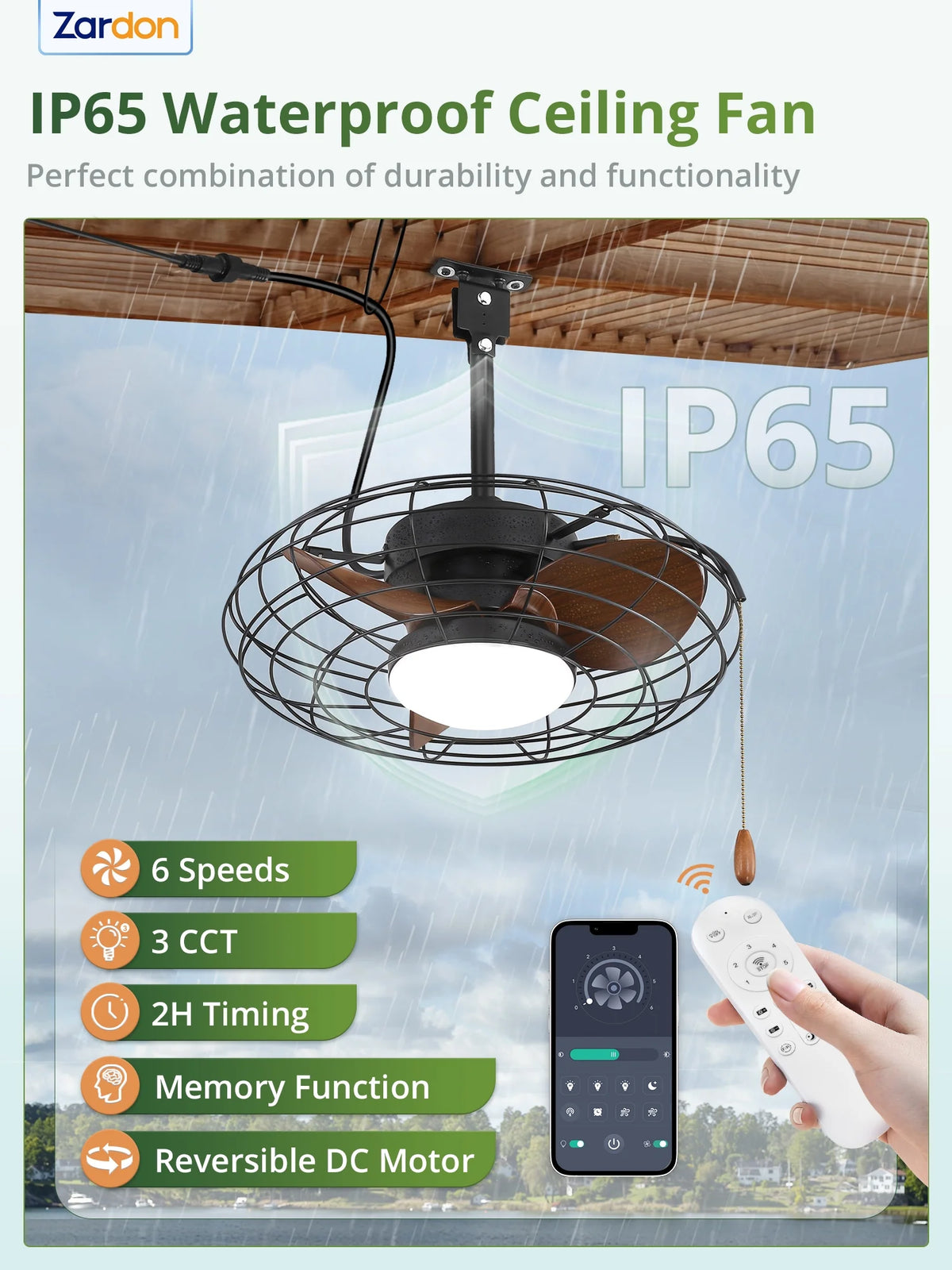 Zardon 20" Outdoor Ceiling Fan with Light and Remote, 7 Blades Caged Waterproof Gazebo Fan for Patio, Porch, Pergola Canopy, App Control