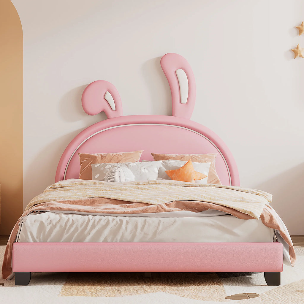 Euroco Upholstered Full Size Platform Bed, PU Cartoon Bunny Bed for Kids, Gray