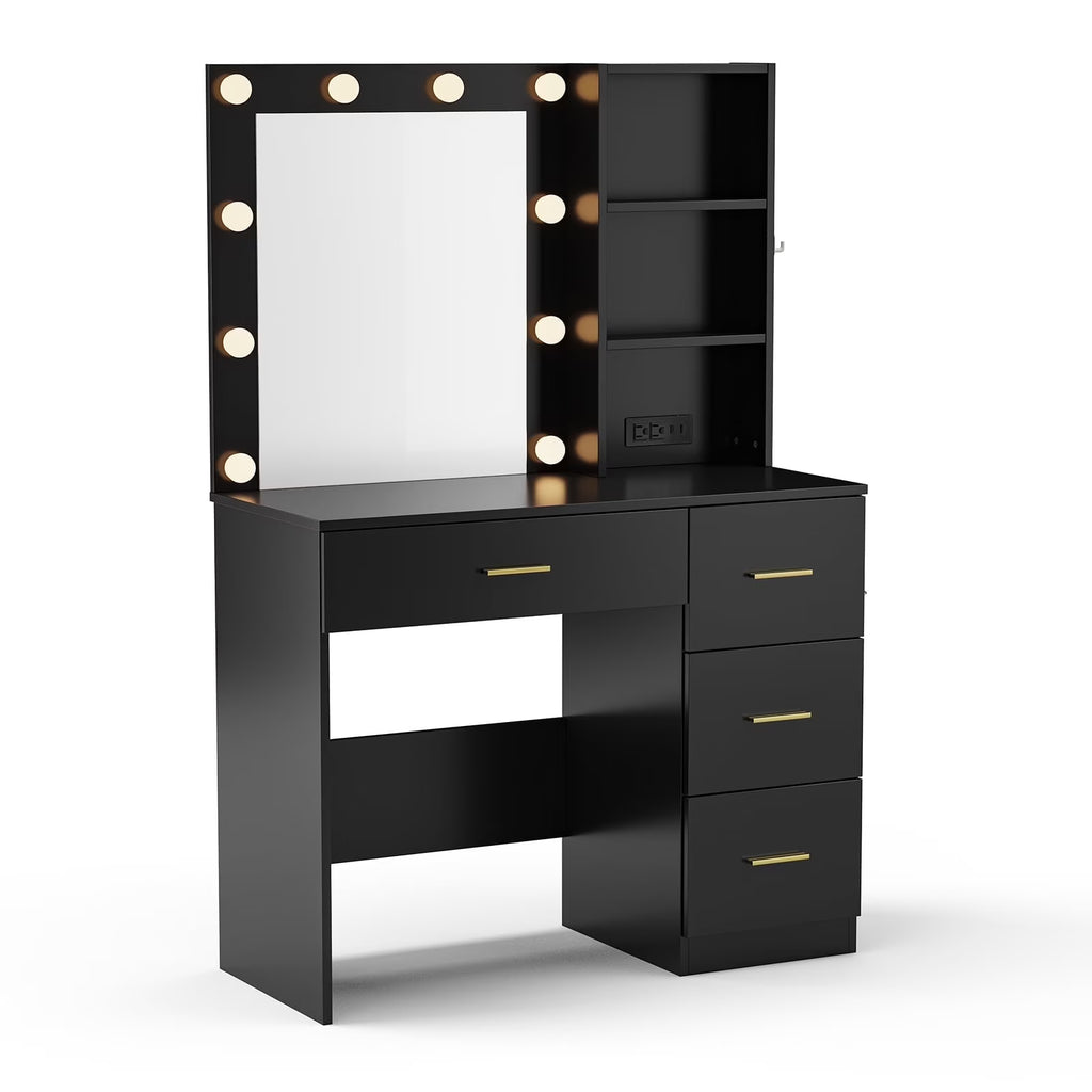 Makeup Vanity with Mirror and 3 Color Lights,Vanity Dressing Table with USB Charging Station,4 Drawers,Open Storage Shelves,White
