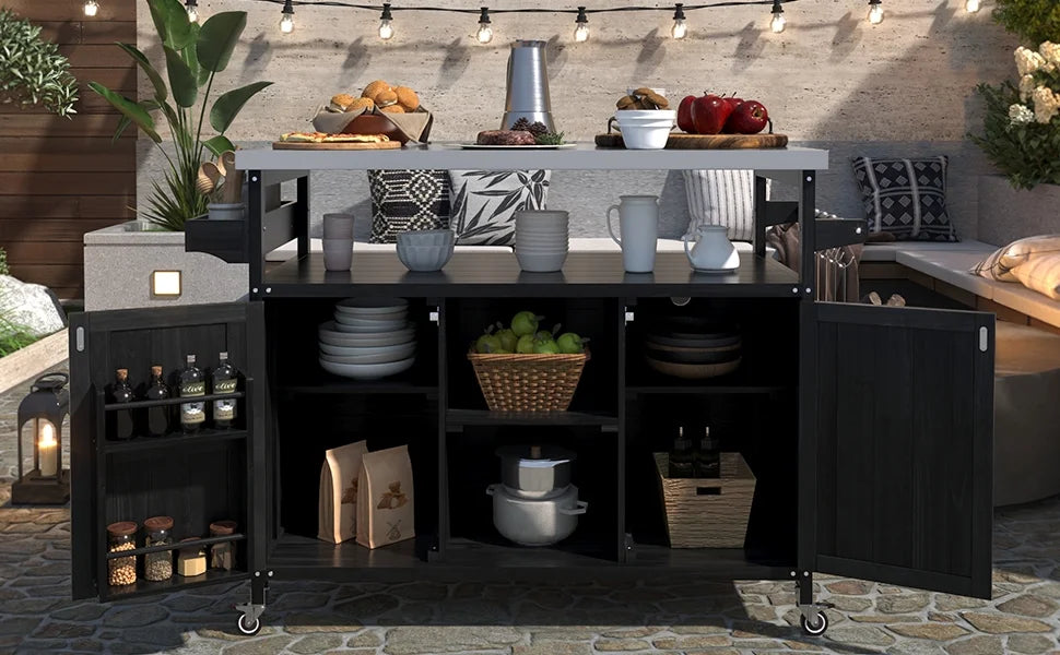 Outdoor Kitchen Island, Rolling Bar Cart & Storage Cabinet, Farmhouse Solid Wood Outdoor Grill Table with Stainless Steel Top, Spice Rack , Towel Rack for Kitchen & BBQ , Natural