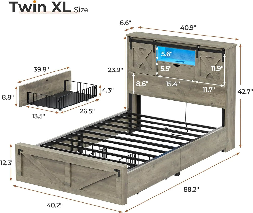 Twin XL Size Bed Frame with Headboard and Drawers, Farmhouse Twin XL Platform Bed Frame with LED Lights and Charging Station, No Box Spring Needed,Gray