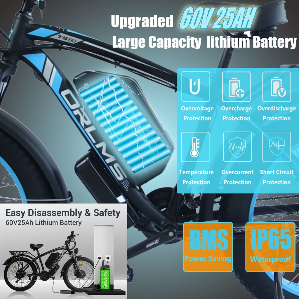 (US in Stock) 5000W Peak Dual Motor Electric Bike for Adults , 60V 25AH Removable Battery Ebike , 50MPH AWD 21-Speed Mountain Snow E-Bike with 26" x 4.0 Fat Tire, Long Range Mountain Off-Road EBikes