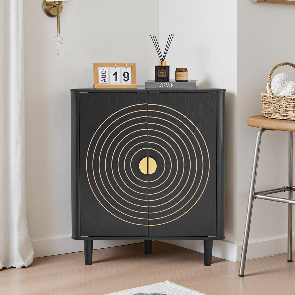 Accent Cabinet with Round Carved Line Door for Entryway Hallway, Walnut Sideboard Buffet Cabinet, Storage Cabinet with Adjustable Shelves for Living Room