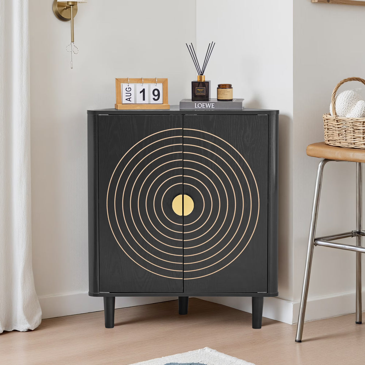 Accent Cabinet with Round Carved Line Door for Entryway Hallway, Walnut Sideboard Buffet Cabinet, Storage Cabinet with Adjustable Shelves for Living Room