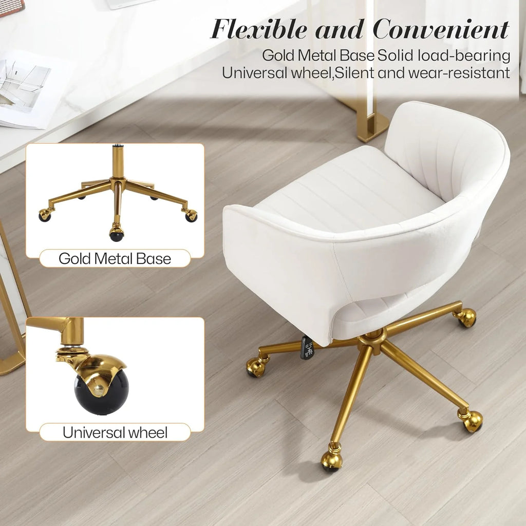 Home Office Swivel Desk Chair, Modern Velvet Vanity Chair, Height Adjustable Armchair with Gold Base, Ergonomic Office Chair for Task Study Computer Room, Beige