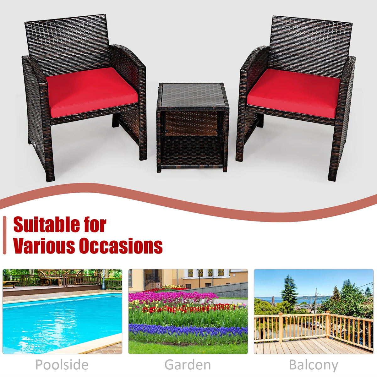 Costway 3PCS Patio Rattan Wicker Furniture Cushion Sofa Coffee Table Gray