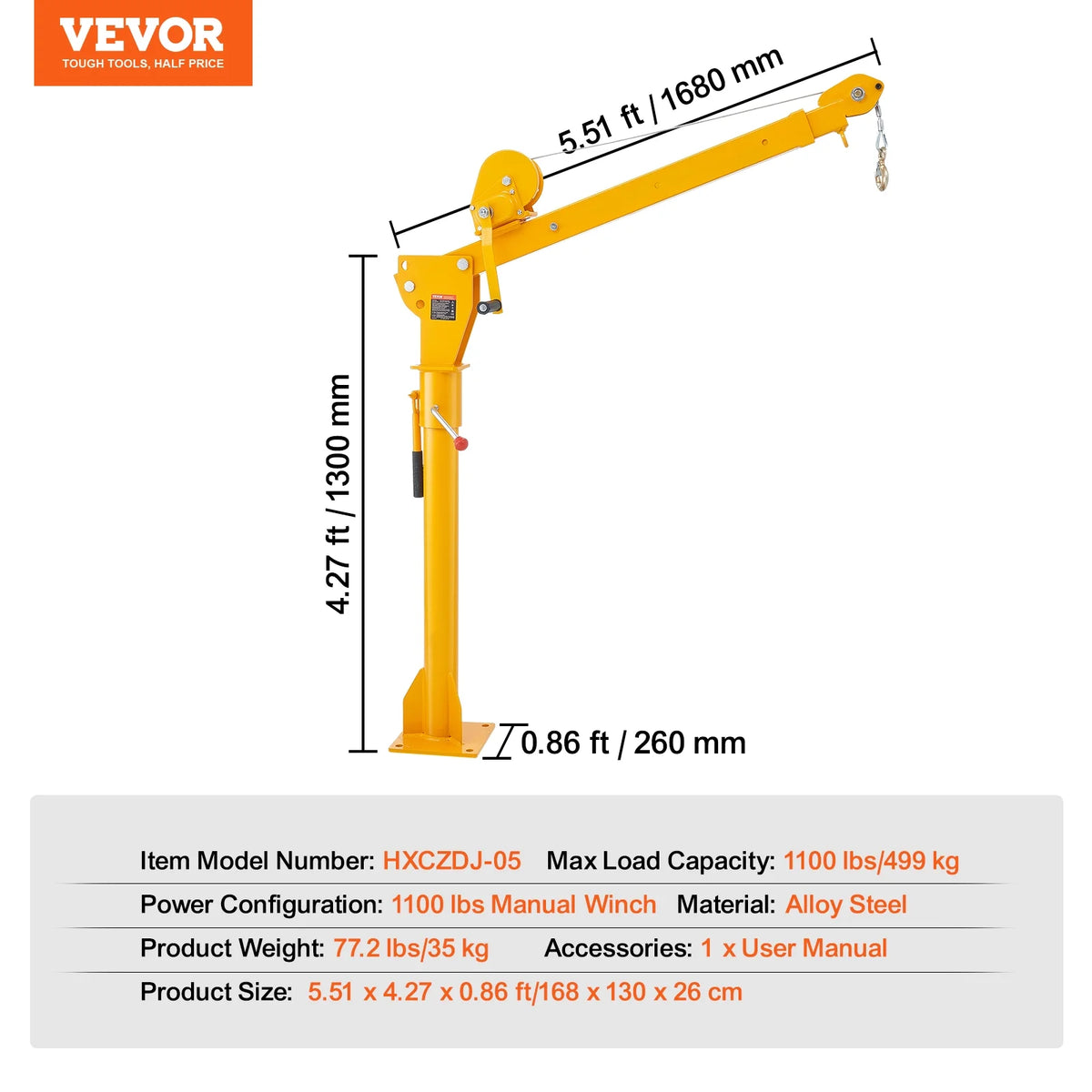 VEVOR Pickup Truck Crane, Folding Truck-Mounted Bed Crane with 1100 lbs Manual Winch, Steel Pickup Truck Jib Crane Hoist 360 Degrees Swivel for Lifting Goods in Construction, Forestry, and Factory