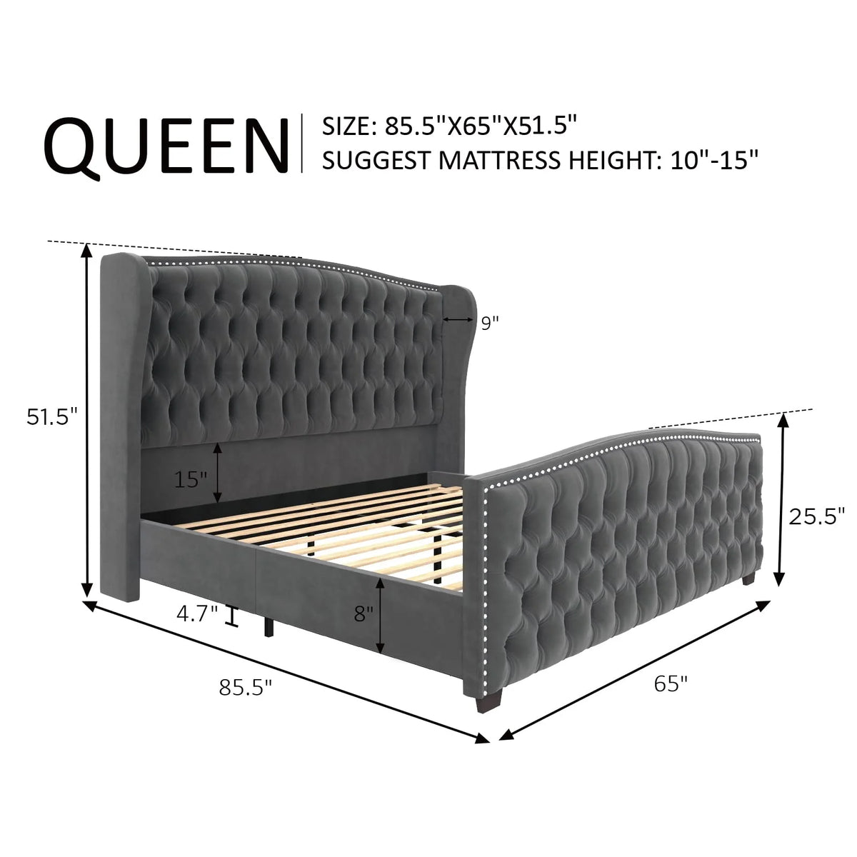 VANACC Queen Size Bed Frame, Velvet Upholstered Bed with Deep Button Tufted Wingback Headboard Grey