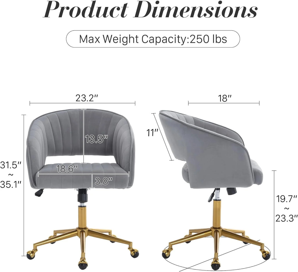 Home Office Swivel Desk Chair, Modern Velvet Vanity Chair, Height Adjustable Armchair with Gold Base, Ergonomic Office Chair for Task Study Computer Room, Beige