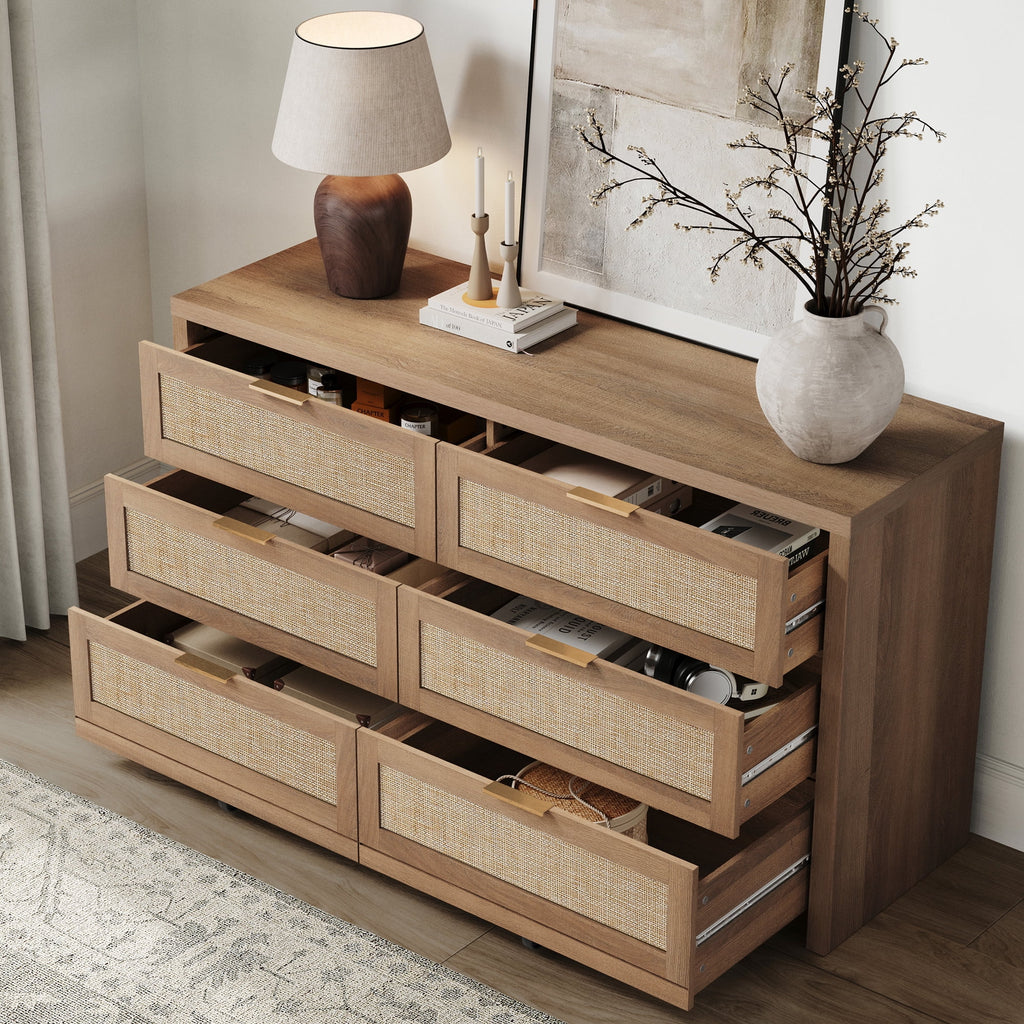 SICOTAS 56.85" 6 Drawer Dresser,Rattan Dresser with Storage,Boho Dressers & Chests of Drawers Wooden Tall  Dresser for Bedroom