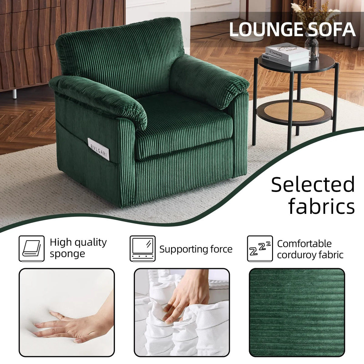 FFH 33" Oversized Swivel Accent Chair,Armchair with Side Pocket,Upholstered Corduroy Lounge Chaise Chair,Barrel Chairs,Comfy Single Sofa Chair for Living Room Reading Bedroom Office,Black