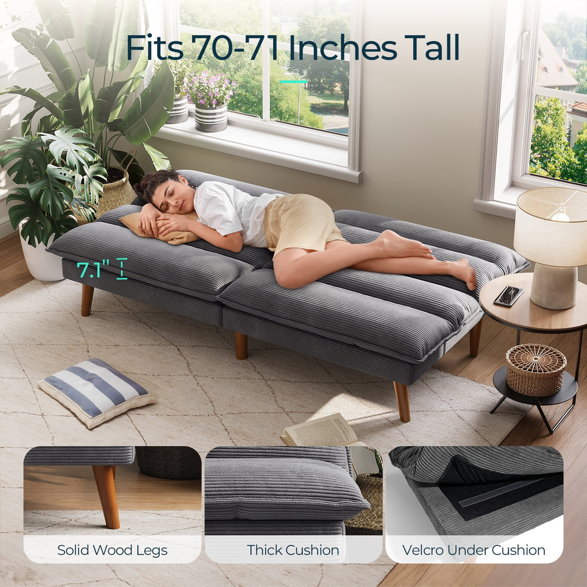 Linsy Home 71" W Corduroy Convertible Futon Sofa Bed, Army Green