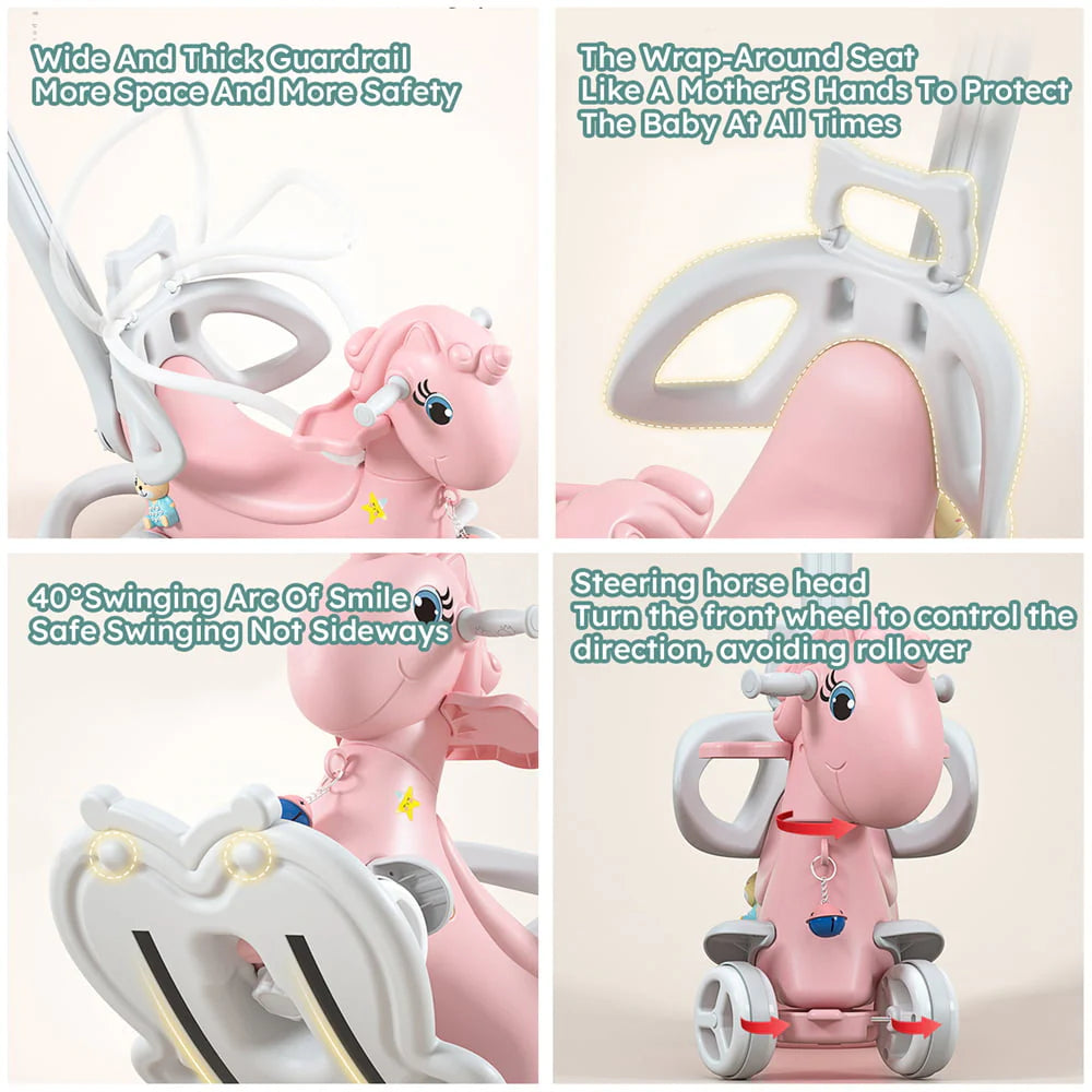 5 in 1 Rocking Horse for Toddlers, Balance Bike Ride On Toys with Push Handle, Backrest and Balance Board for Baby Girl and Boy 1-3 Years Old, Unicorn Kids Riding for Birthday Gifts (Pink)