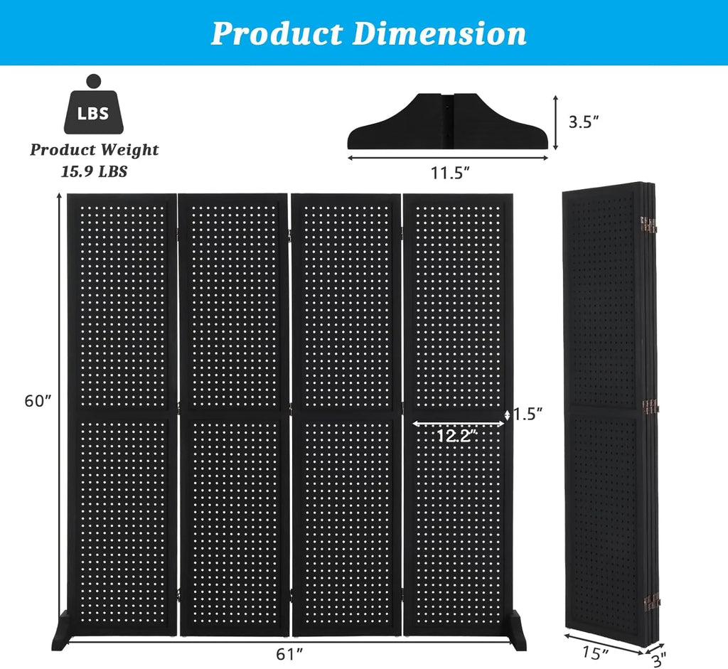 Bonnlo 4 Panel Pegboard Freestanding, 5 FT Portable Display for Craft Show Jewelry, Wooden Folding Room Divider