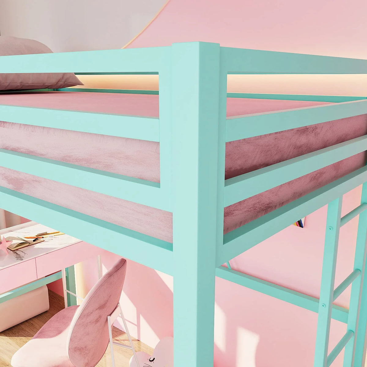 Einfach Metal Twin Size Loft Bed with Removable Ladder & Full-Length Guardrail, White