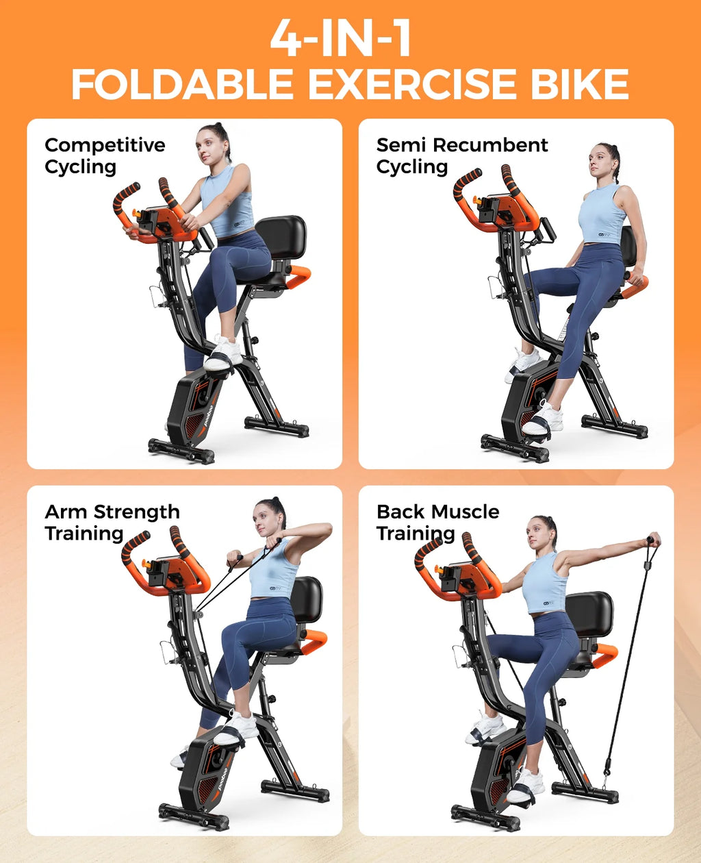 pooboo 4-in-1 Exercise Bike, Foldable Stationary Bike, Tri-Position Indoor Cycling Bike with 8-Level Resistance, Arm Resistance Bands, Pulse Sensor & Back Support Cushion for Home Gym Workout