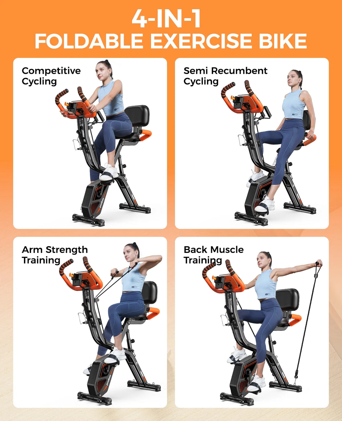 pooboo 4-in-1 Exercise Bike, Foldable Stationary Bike, Tri-Position Indoor Cycling Bike with 8-Level Resistance, Arm Resistance Bands, Pulse Sensor & Back Support Cushion for Home Gym Workout