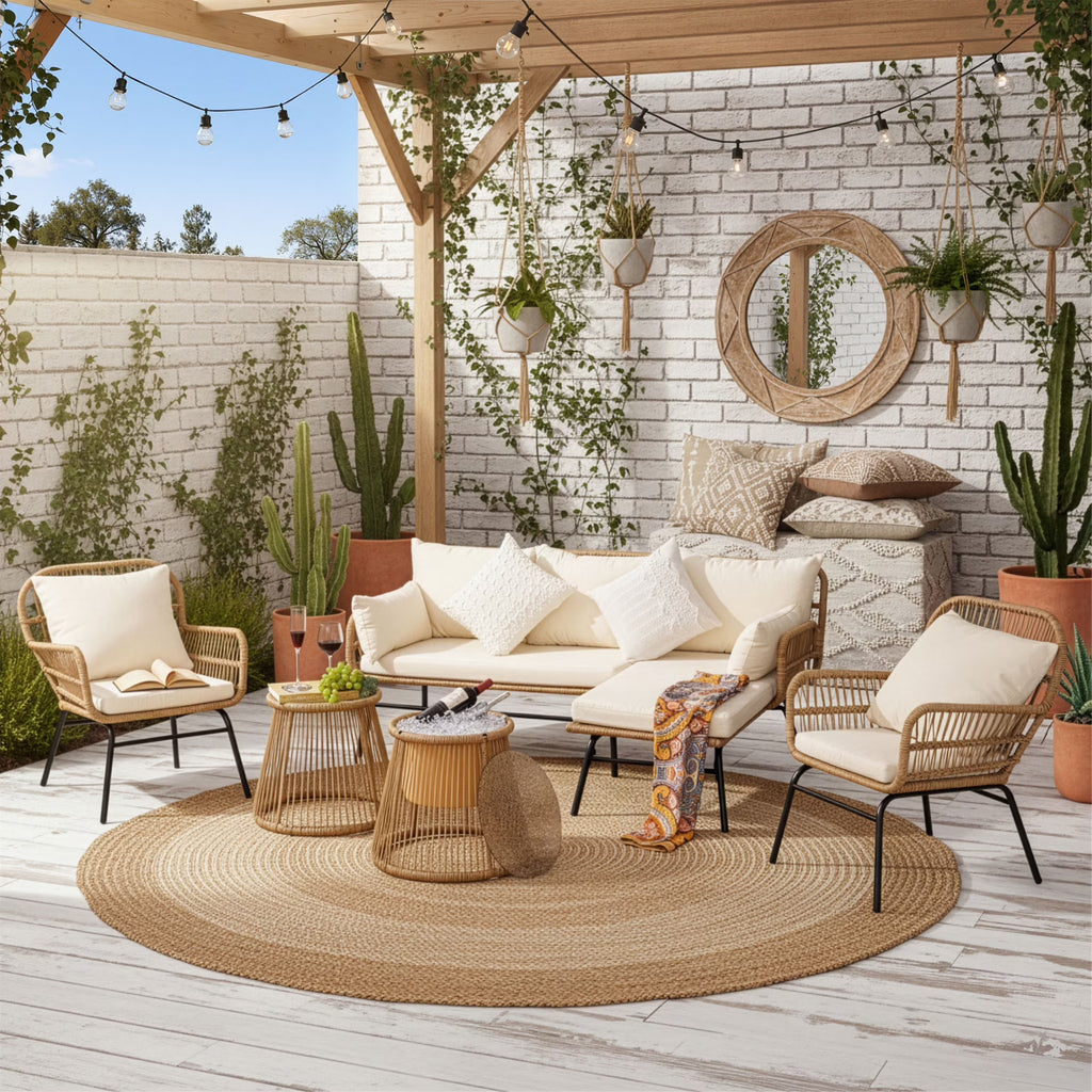 RADIATA 6-Piece Boho Patio Furniture Set, Outdoor Wicker Sectional Sofa Conversation Set with Ice Bucket & Coffee Table, 500lbs Capacity, Beige
