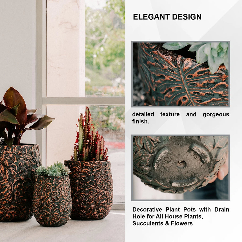 XBrand 19.3", 15.4" and 12.2"H Tall Beige and Golden Fiberstone/Cement Indoor Outdoor Planters (Set of 3), Modern Decorative Plant Pots with Drain Hole for All House Plants, Succulents & Flowers