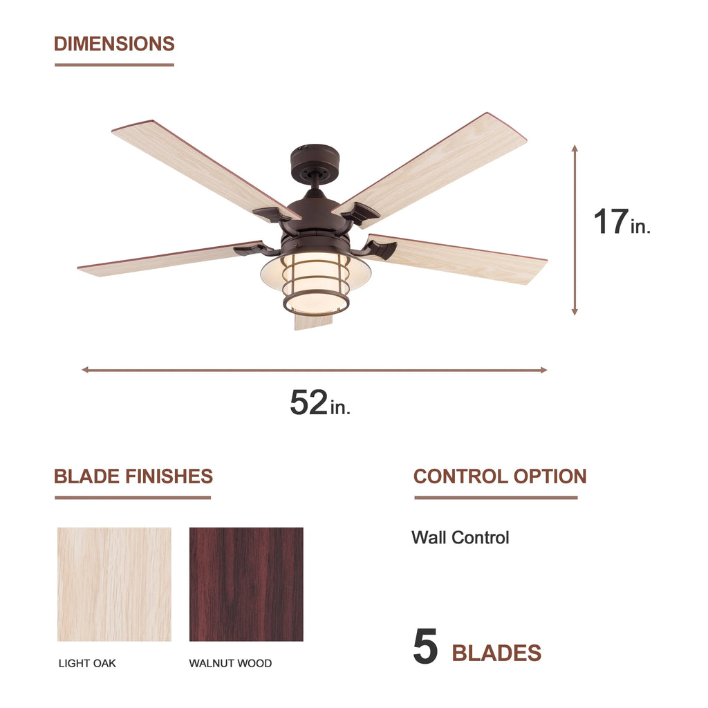 Simpol 52" Prominent Indoor Ceiling Fan with LED Light, Pull Chain and Remote Control, Reversible AC Motor, Walnut/Silver Reversible Blades and Satin Nickel Finish