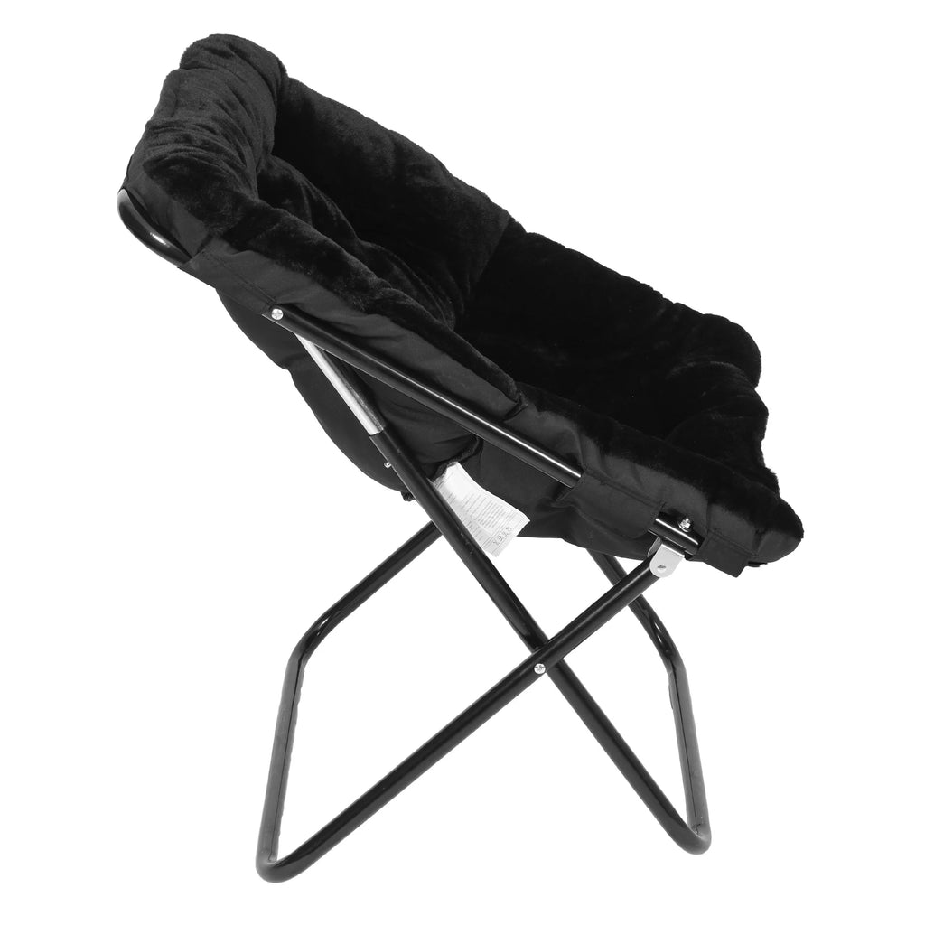 Emma + Oliver Oversized Faux Fur Folding Saucer Chair for Dorm, Bedroom, Black Faux Fur/Black Frame