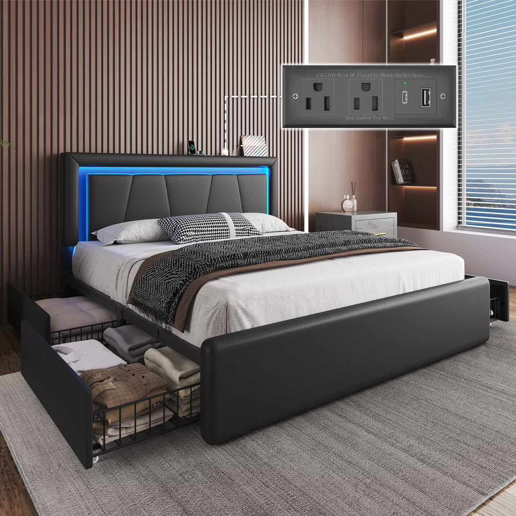 Full Size Upholstered LED Bed Frame with 4 Storage Drawers, Faux Leather Platform Bed with Adjustable Headboard, White