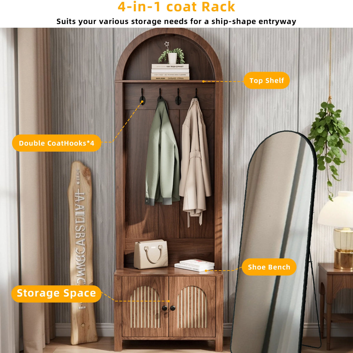 Diubas Arch Hall Tree with Bench and Shoe Storage, Farmhouse Coat Rack for Hallway, Entryway, Walnut