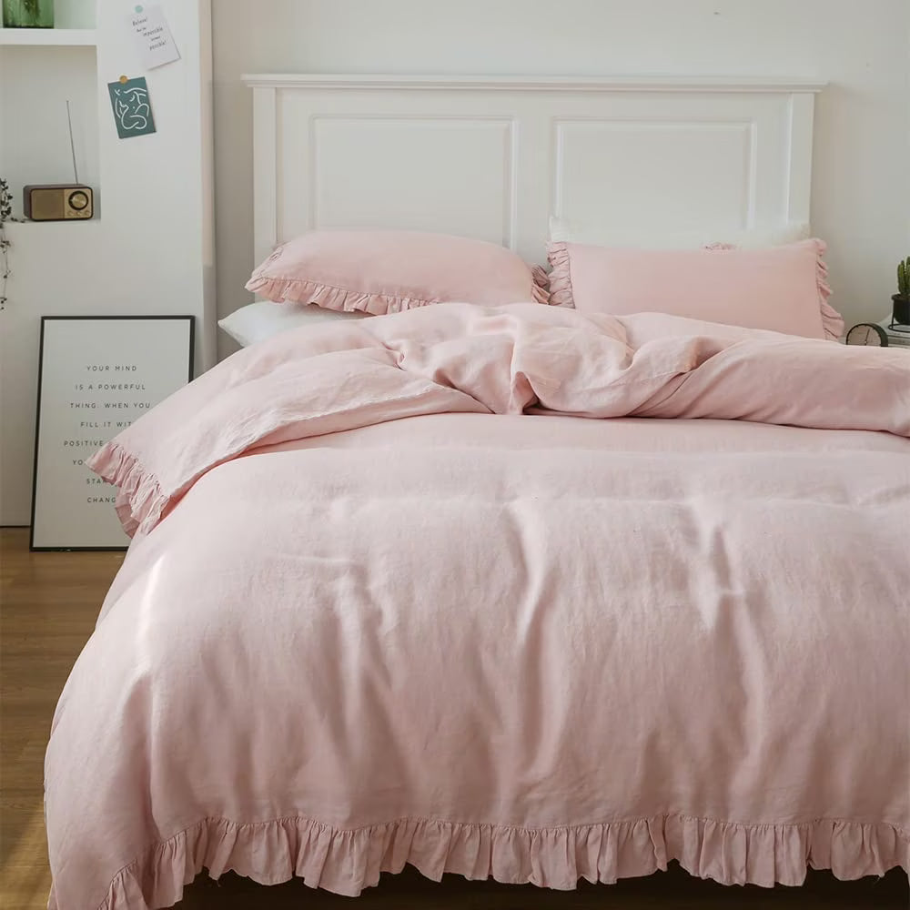 Simple&Opulence 100% Washed Linen Duvet Cover Set-3 Pieces Shabby Chic Premium Ruffled Bedding with 1 Comforter Cover and 2 Pillowshams France Flax High End Frill Sets Vintage Style(King, White)