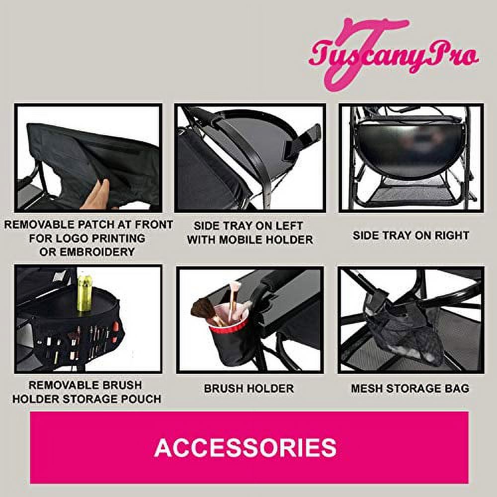 TuscanyPro Portable Makeup Artist Chair with Storage Cart & Umbrella Light Set - Perfect for Makeup, Salons, Movie Sets - Italian Design - 29 Inch Seat Height