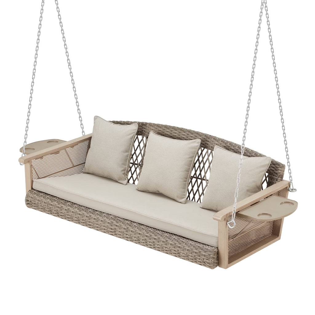 Homrest 3-Person Porch Swing 55in Wicker Hanging Swing Bench with Cushions and Cupholders for Deck, Garden and Backyard, Beige