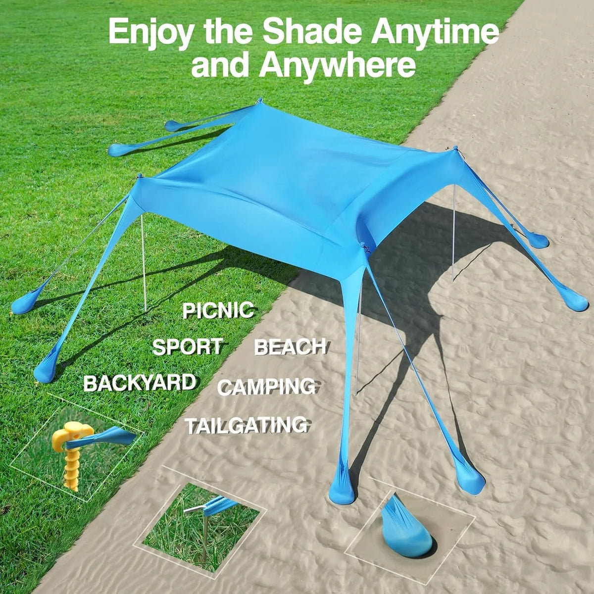 Rhino Valley Beach Tent Sun Shelter, Beach Canopy Tent Sun Shade U PF 50+ Protection with 8 Sandbags 4 Stability Poles, Outdoor Beach Shade Canopy for Beach, Camping, Fishing