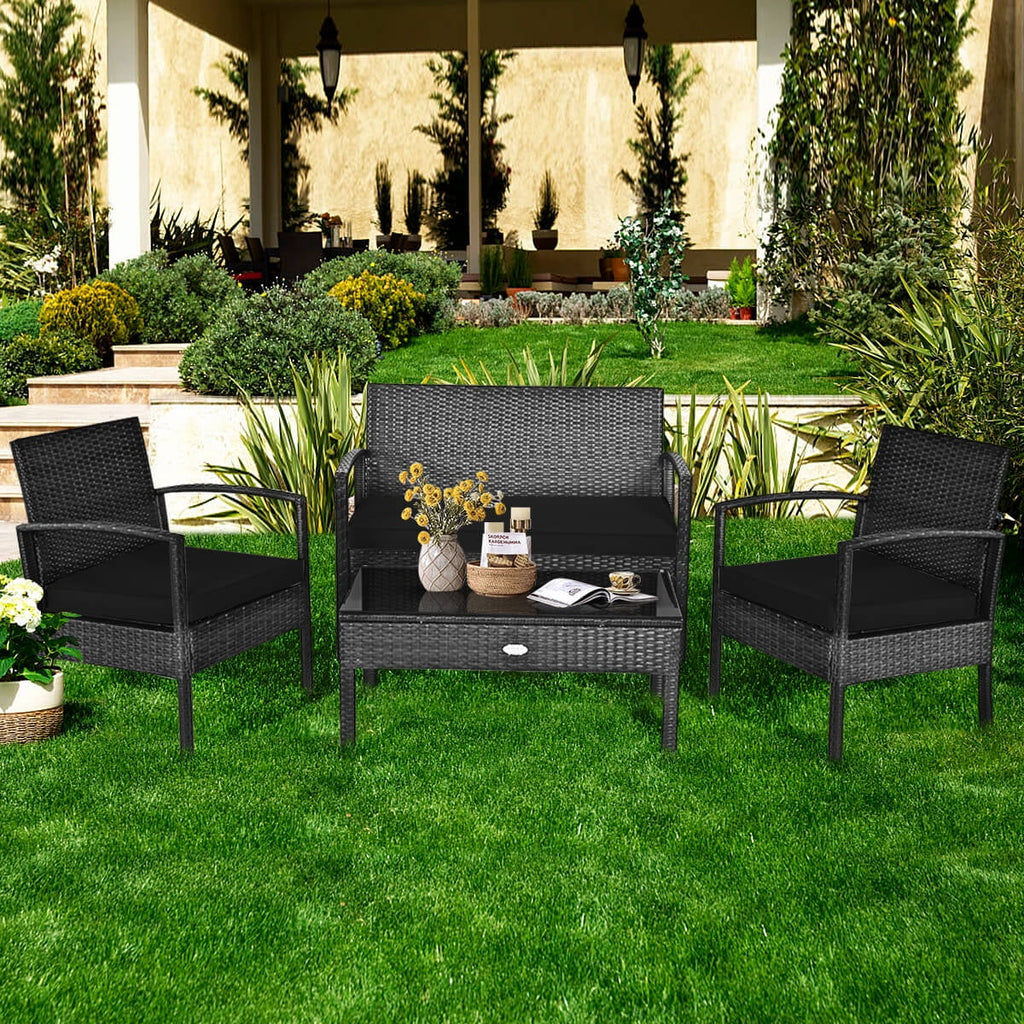 Costway 4PCS Patio Rattan Wicker Furniture Set Loveseat Sofa Cushioned Garden Yard Brown