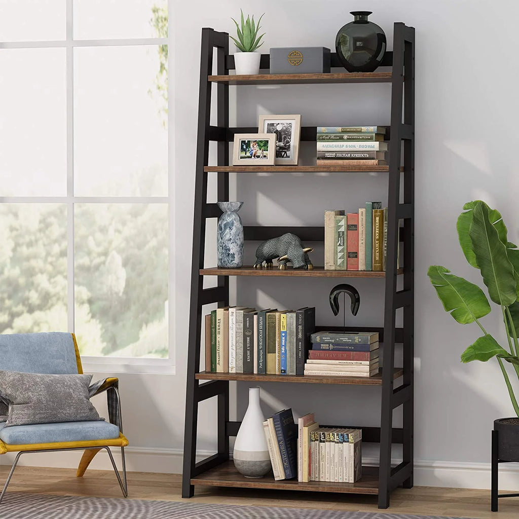 Tribesigns 5 Shelf Ladder Bookshelf Bookcase with Storage, Modern Etagere Bookcase for Living Room , Wood & Metal