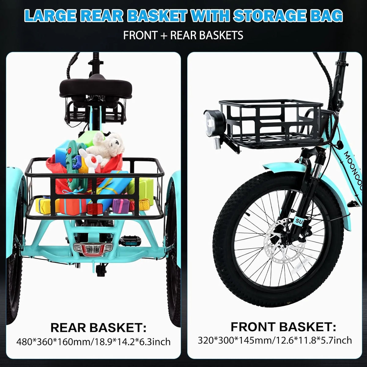 MOONCOOL TK1 Folding Electric Tricycle for Adults,48V 14.5Ah Removable battery, 500W Peak 1000w Motor, 20" Fat Tire Step-Thru 3Wheel Electric Bicycle w/Front&Rear Baskets, Certified to UL 2849 by SGS