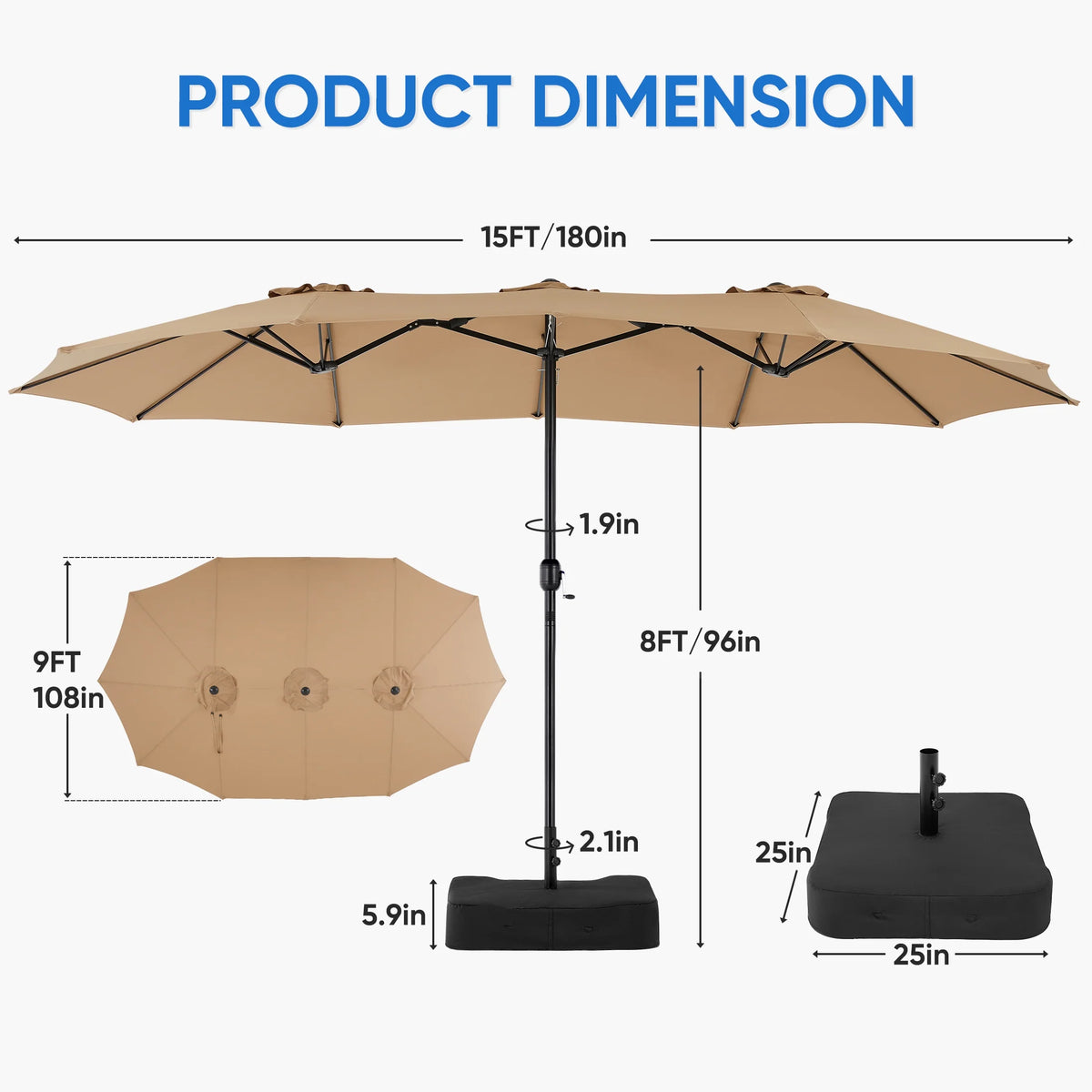 edx 15ft Patio Umbrellas (Base Included), Large Outdoor Double-Sided Rectangle Market Umbrella with Stand for Poolside, Lawn, and Backyard, Navy Blue